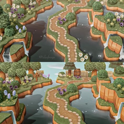 Garden Area Acnh, Acnh Level Ideas, Garden Paths Acnh, Acnh Garden Paths Designs, Acnh Cliff Bridge, Acnh Spiral Pond, Animal Crossing Transition Areas, Acnh Secret Garden, Acnh Botanical Gardens