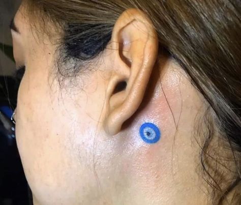 Alexa Demie Evil Eye Tattoo, Behind Ear Tattoo Evil Eye, Evil Eye Ear Tattoo, Evil Eye Tattoo Behind Ear, Small Evil Eye Tattoo, Eye Jewels, Fused Beads, Small Back Tattoos, Evil Eye Tattoo