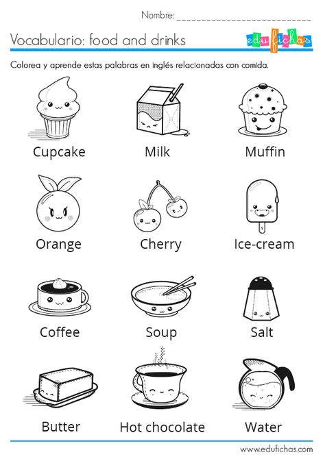 Vocabulario en inglés de comidas (ficha 1)  http://www.edufichas.com/actividades/idiomas/ingles/ficha-con-vocabulario-en-ingles-food/  #food #vocabulario #aprenderingles Ingles Kids, English Activities For Kids, English Exercises, Worksheet For Kids, Teaching Time, Kids English, 1st Grade Worksheets, English Resources, English Lessons For Kids