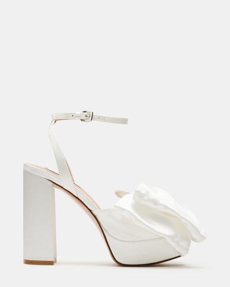 LIVELY WHITE SATIN White Satin Kitten Heels, Shoes For The Bride Wedding Day, Bridal Heels Platform, Steve Madden Wedding Shoes, White Satin Heels, White Bow Heels, Wide Width Wedding Shoes, Quince Heels, Lace Wedding Heels