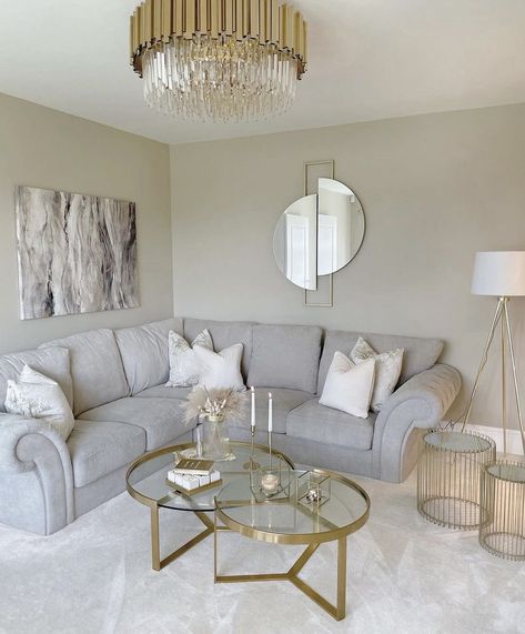 Grey And Gold Apartment Decor, Gold White And Gray Living Room, Silver Couch Living Room Ideas, Gold And Silver Living Room Ideas, Light Grey And Gold Living Room, Silver Couch Living Room, Gold Apartment Aesthetic, Grey White Gold Living Room, Gold Grey Living Room