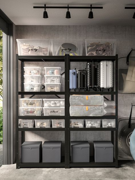 6 garage ideas to maximise space - IKEA Ikea Basement Storage, Ikea Garage Organization, Bror Ikea, Ikea Garage Storage, Garage Ikea, Storage Boxes Ideas, Ikea Bror, Ikea Garage, Basement Storage Organization