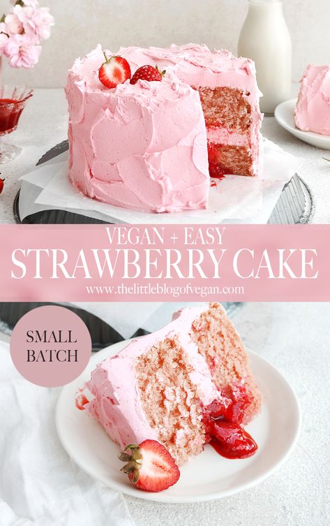 Vegan Strawberry Icing, Vegan Vanilla Strawberry Cake, Vegan Strawberries And Cream Cake, Vegan Cake Ideas, Easy Vegan Birthday Cake, Eggless Strawberry Cake, Dairy Free Strawberry Cake, Non Dairy Cake, Vegan Strawberry Dessert