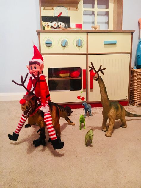 Elf on the Shelf. T-Rex and Dippy got antlers and red noses. We put chocolate coins in a sleigh pulled by a smaller dino too. Dino Elf On The Shelf, Elf And Dinosaurs, Elf Dinosaur Ideas, Dinosaur Elf On The Shelf Ideas, Elf On The Shelf Dinosaur Ideas, Elf Dinosaur, Elf On The Shelf Dinosaur, Elf On The Shelf Sleigh, Elf Classroom