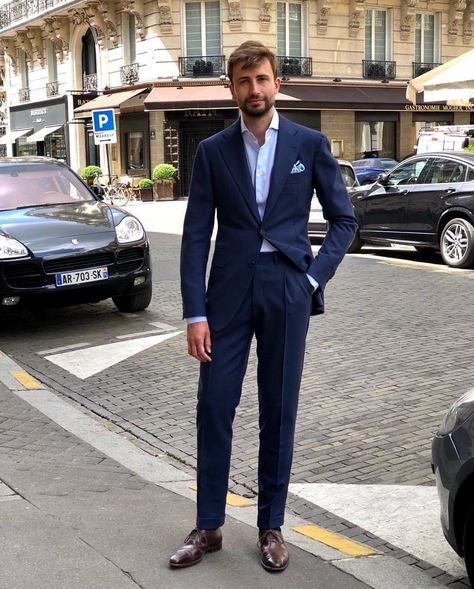 suitupplease! Navy Suit Blue Shirt, Dark Brown Oxford Shoes, Blue Pocket Square, Gentlemens Guide, Light Blue Dress Shirt, Winter Suits, Light Blue Shirt, Suit Blue, Casual Fridays