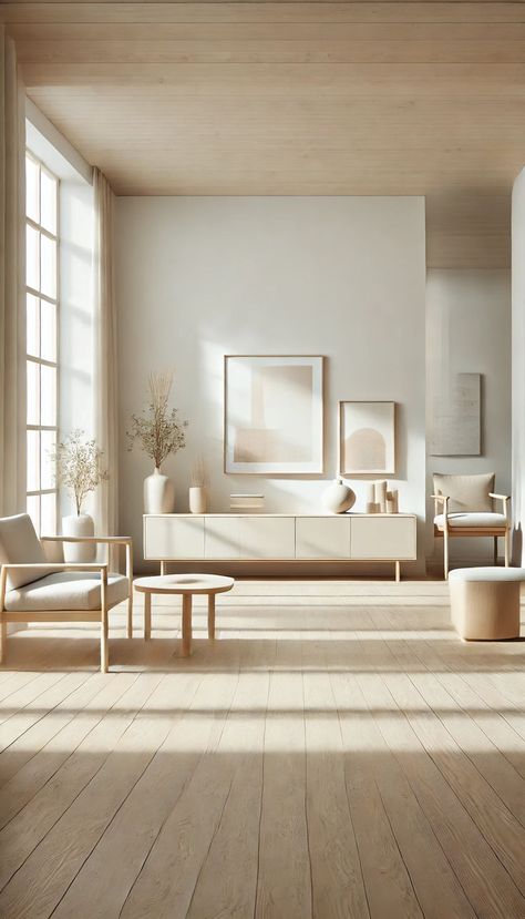 A minimalist home interior with light wooden furniture, white and beige tones, large windows letting in natural light, and a few simple decorative elements like a potted plant and abstract art. The space is uncluttered and airy, embodying calm and simplicity. Neutral Interior Design, Bright Design, Minimalist Home Interior, Neutral Interiors, Bright Designs, Interior Design Ideas, Modern Aesthetics, Simple Decor, Clean Design