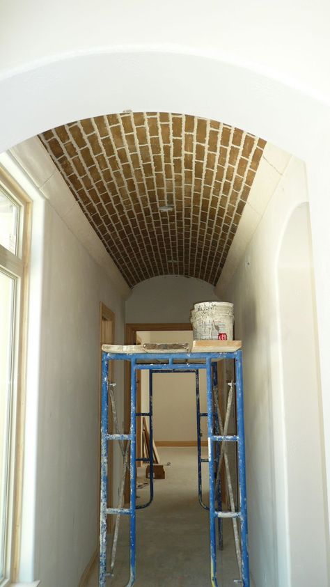 brick barrel-vaulted ceiling.  Our klompie colouring is more terracotta, but would look just as awesome against the white walls Brick Vaulted Ceiling, Brick Barrel Ceiling, Brick Ceiling, Porch Renovation, Master Remodel, Wellbeing Centre, Bar Nook, Architectural Detailing, Barrel Vault Ceiling