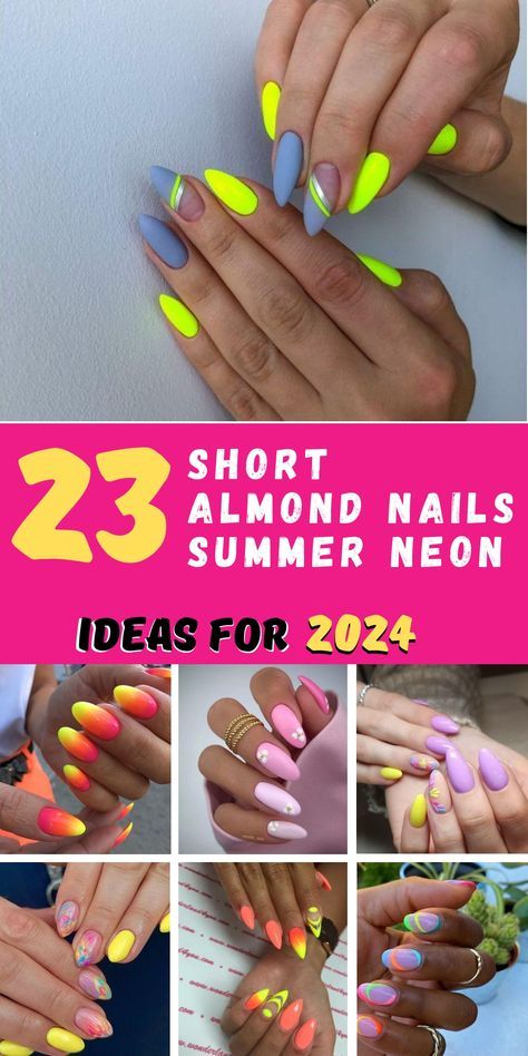 Elevate your nail game with these stunning short almond nails in summer neon shades! Perfect for 2024 trends, these nails are sure to add a pop of color to any look. From simple gel designs to intricate art designs, there`s something here to suit every style. Get ready to turn heads with these bright and bold nail ideas! Nail Ideas Simple White, Short Neon Nail Designs, Bright Summer Almond Nails, 2024 Summer Nails Almond, Simple Summer Nails 2024 Almond, Neon Nails 2024, Fun Summer Nails 2024 Almond, Neon Nails Designs Short, Neon Nails Designs Summer 2024