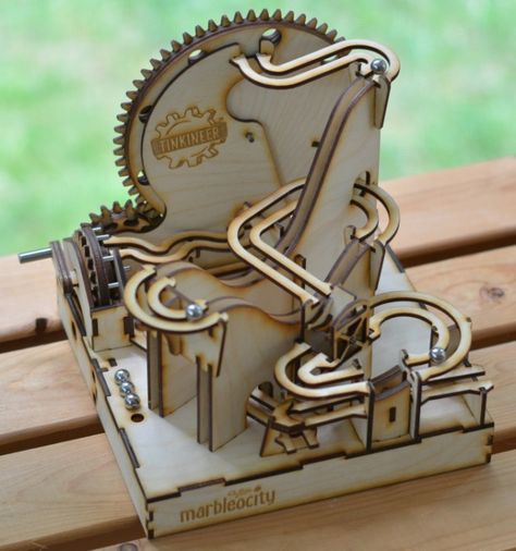 The Marbleocity Marble Machine Is Made Of Pure Wooden Goodness Rolling Ball Sculpture, Lézervágott Fa, Marble Tracks, Wooden Roller Coaster, Marble Maze, Marble Machine, Woodworking Organization, Marble Run, Woodworking Joinery