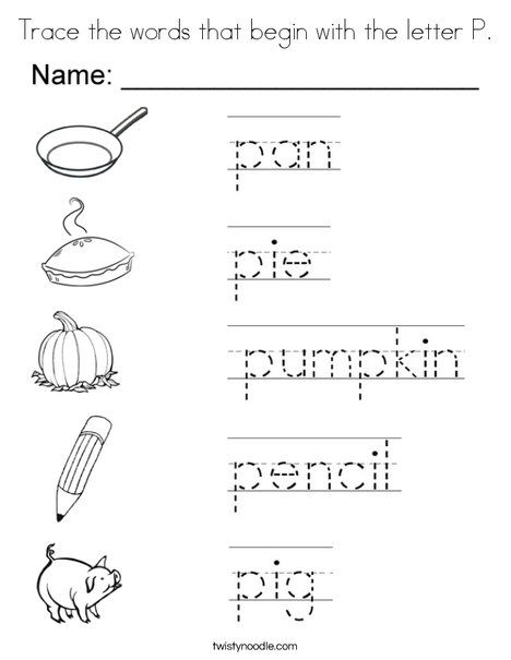 Trace the words that begin with the letter P Coloring Page - Twisty Noodle Letter P Coloring Page, Letter P Worksheets, Word Tracing, Trace Letters, Handwriting Worksheets For Kids, Writing For Kids, Letter Worksheets For Preschool, Sequencing Worksheets, Alphabet Worksheets Kindergarten