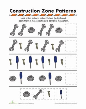 Take patterning practice to the construction zone! Kids will work on basic ABAB and AABB patterns. Construction Theme Preschool, Preschool Construction, Construction Unit, Tools Theme, Community Helpers Preschool, Pattern Worksheet, Pattern Activities, Construction Activities, Construction Zone