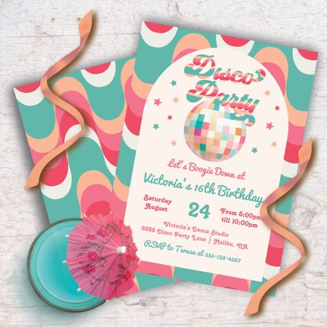 Boogie down with this retro Disco Party invitation. Features a disco ball, stars and custom fonts in colors of aqua, peach, pinks and light cream. Great for a birthday of any age, graduation party or any event that involves disco! Great boho feel with 70's and 80's vibe. To make more changes go to Personalize this template. On the bottom you’ll see “Want to customize this design even further? Click on the EDIT using Design tool. From there you can change some of the fonts & some colors, move thi Disco Ball Birthday, Retro Disco Party, Retro Dance, Rockstar Birthday, 7th Birthday Party Ideas, Dance Party Invitations, Bachelor Gifts, Retro Disco, Ball Birthday