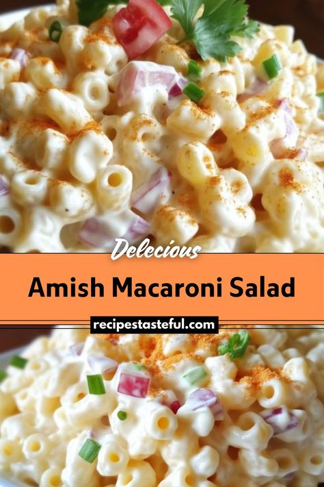 A creamy, tangy pasta salad loaded with hard-cooked eggs and crisp vegetables, perfect for picnics, potlucks, and family gatherings. Tangy Pasta Salad, Amish Pasta Salad, Amish Macaroni Salad Recipe, Amish Pasta, Egg Macaroni Salad, Amish Macaroni Salad, Pasta Side Dishes, Pasta Sides, Macaroni Salad Recipe