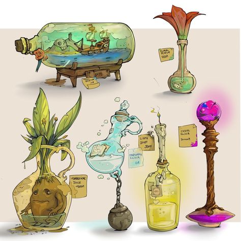 gautierfilliard (@gautierfilliard) • Instagram Potion Making Drawing, Prop Design Concept Art, Potion Art, Props Illustration, Props Concept, Heroic Fantasy, Props Art, Fantasy Props, Fantasy Concept Art