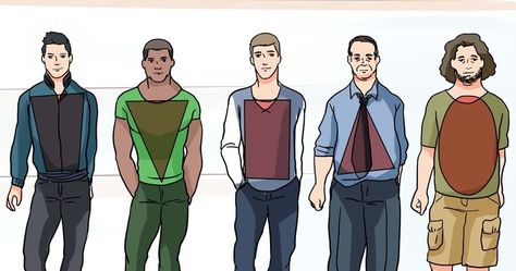 To identify your body type stand in front of a full-length, upright mirror and notice the relationship between your shoulders, waist an... Broad Shoulder Men Outfits, Trapezoid Body Shape Men Clothing, Long Torso Short Legs Outfits Men, Inverted Triangle Outfits Men, Short Legs Outfit, Menswear Illustration, Mens Body Types, Inverted Triangle Outfits, Real Men Real Style