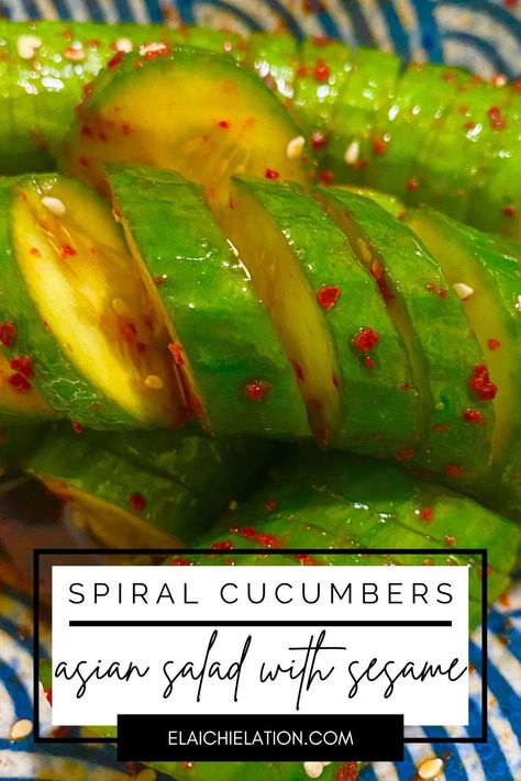 Spiral Cucumber Salad, Korean Cucumber Side Dish, Korean Cucumber Salad, Cucumber Snacks, Korean Cucumber, Asian Cucumber Salad, Korean Side Dishes, Mini Cucumbers, Cucumber Recipes Salad