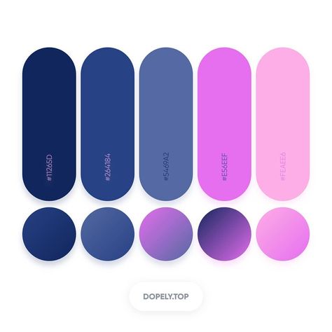 Dopely Colors #244  Color Palette 11265D • 264184 • 5469A2 • E56EEF • FEAEE6 Flat Color Palette, Ui Color, Gradient Color Design, Pantone Colour Palettes, Color Design Inspiration, Hex Color Palette, Color Palette Design, Color Psychology, Color Inspo