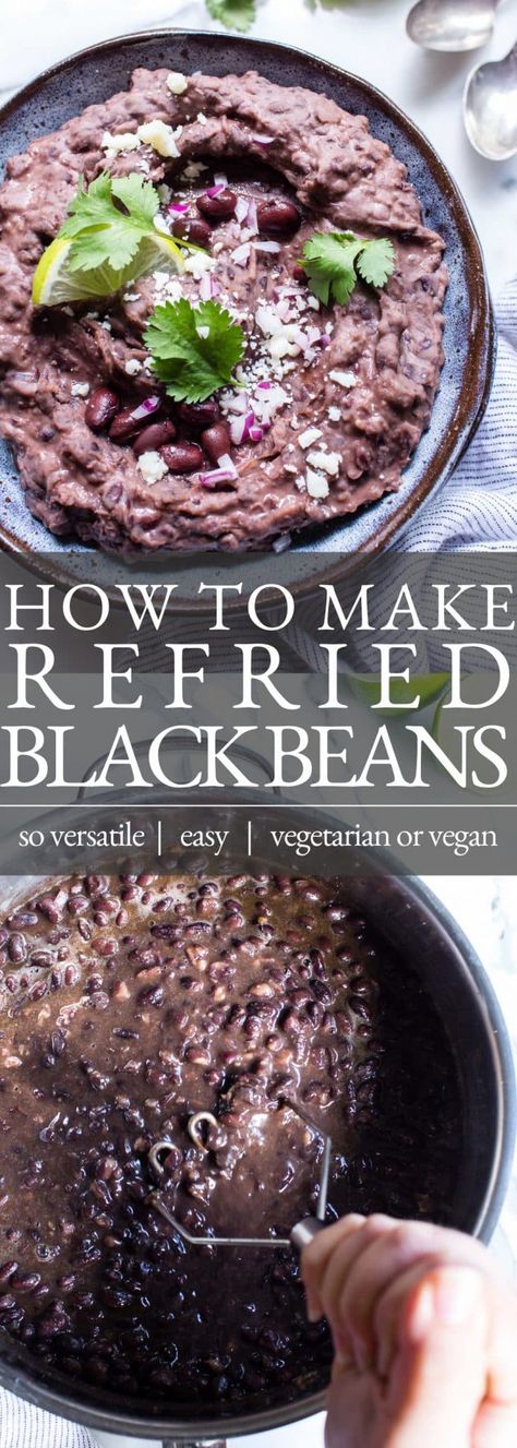 Making a batch of Refried Black Beans at home is super simple. With just a few ingredients and spices, this refried black beans recipe can be shared as a side or used as a component in your favorite Mexican food recipes. This recipe is vegetarian and vegan friendly. Refried Beans With Black Beans, Refried Black Beans Recipe Homemade, Refried Black Beans Recipe, Refries Black Beans Recipe, Black Refried Beans, Black Bean Refried Beans, Legume Recipes, Vegan Refried Beans, Make Refried Beans