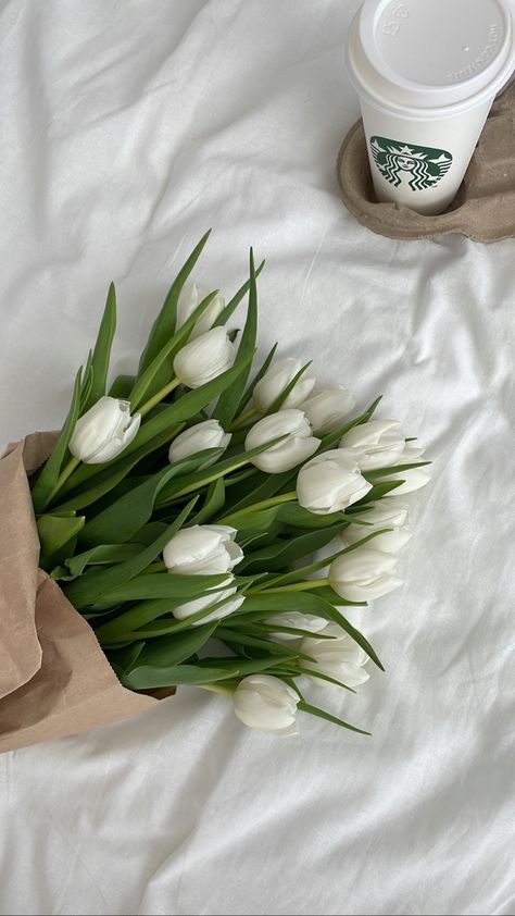 White bouquet of tulips on white sheet - Starbuck’s caffe latte Nourish To Flourish, Engagement Party Themes, Coffee Shop Photography, Tulip Wedding, Vintage Flowers Wallpaper, Simple Phone Wallpapers, Flower Meanings, Nothing But Flowers, White Sheets