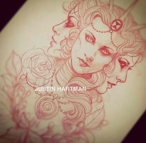 Justin Hartman [this would be even cooler as maiden, mother, crone] Story Tattoo, Maiden Mother Crone, Hair Feathers, Goddess Tattoo, Trendy Tattoo, Tattoo Sketch, Longer Hair, 1 Tattoo, Desenho Tattoo