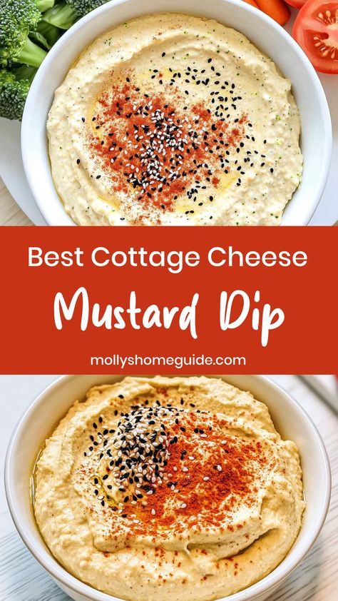 Indulge in the creamy goodness of cottage cheese mustard dip! This easy-to-make condiment is perfect for pairing with your favorite snacks or spreading on sandwiches. The tangy mustard flavor perfectly complements the rich and mild taste of cottage cheese, creating a delicious combo that will have you coming back for more. Whether you're hosting a party or looking to elevate your everyday meals, this dip is sure to be a hit with everyone.

Ingredients
1 cup plain cottage cheese
1/4 cup yellow mu Lemon Cottage Cheese Pudding, Cottage Cheese Sweet Potato, Dips Made With Cottage Cheese, Dips With Cottage Cheese, Cottage Cheese Mustard, Cottage Cheese Dressing, Cottage Cheese Chips, Spinach And Cottage Cheese, Cottage Cheese Dip