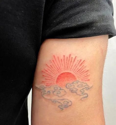 Pink Sun Tattoo, Sunrise Aesthetic Tattoo, Sun Rise Tattoo Color, Sunrise Tattoo Color, Sunrise Tattoo Rising Sun, Red Sun Tattoo, Rising Sun Tattoos, Sunrise Tattoo, Sun Tattoo Designs