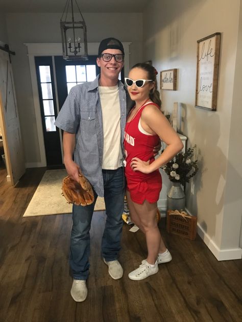 Sandlot Halloween Costumes Couple, Baseball Couple Costumes, Couple Halloween Costumes Baseball, Baseball Couples Costumes, Tall And Short Couple Costumes, Sandlot Couple Costume, Squints Sandlot Costumes, The Sandlot Halloween Costumes, Squints And Wendy Peffercorn Costume