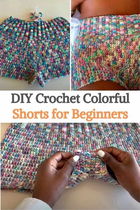 DIY Crochet Colorful Shorts for Beginners Easy Crochet Shorts, Crochet Bottoms Pattern Free, Crochet Multicolor Yarn, Diy Crochet Shorts, Hippie Crochet Patterns Free, Crochet Shorts Pattern Free, Crochet Shorts Pattern, Multicolor Yarn, Colorful Shorts