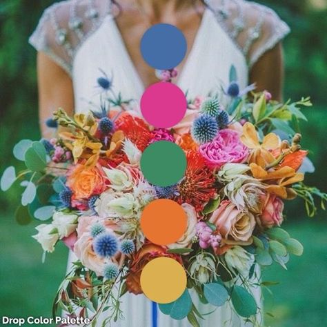 Blue Pink Yellow Wedding Color Palettes, Vibrant Wildflower Wedding, Colbolt Blue Wedding Color Schemes, Pink Orange Yellow Blue Wedding, Orange Wildflower Wedding, Colorful Wedding Palate, Wildflower Wedding Color Pallet, Bright Bridal Flowers, Summer Wedding Colors Bright Colour Palettes