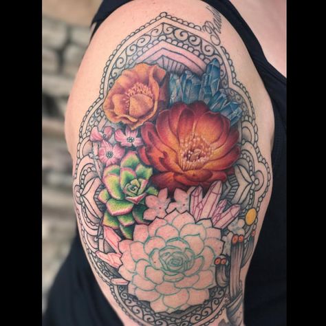 I am so in love with how my arm is turning out! 😍💉 #2ndsession #girlswithtattoos #succulents #cactusflower #mandala #ink #tattoo #hextat… | Instagram Arizona Tattoo, Cactus Tattoo, Cactus Flower, So In Love, Dreamcatcher Tattoo, Tattoos And Piercings, Ink Tattoo, Flower Tattoo, Tatting