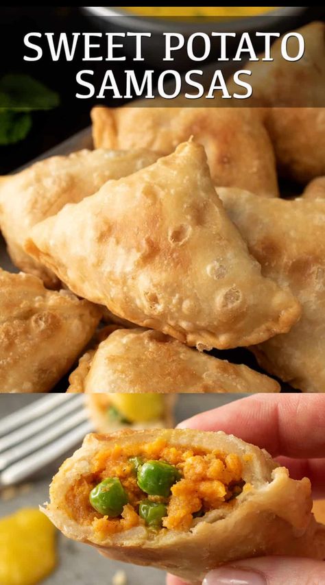 One of the most popular Indian appetizers, vegetable samosas are savory filled pastry triangles with potato, peas and spices served with an easy mango and mint sauce. These sweet potato samosas are a slight departure from the traditional potato filling, using sweet potatoes that add a lovely sweetness. #samosa #samosas #indianappetizer #sweetpotatosamosas #vegetablesamosas Recipes Russian, Potato Filling, Samosa Recipe, Indian Appetizers, Food Types, Mint Sauce, Food Logo, Favorite Appetizers, English Food