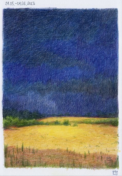 Artist: marjaz Really love stormy weather. coloured pencils on grainy paper, landscape, storm Colored Pencil Night Sky, Colour Pencil Art Landscapes, Colored Pencil Art Projects, Paper Landscape, Color Pencil Illustration, Art Pencils, Stormy Weather, Crayon Art, Coloured Pencils