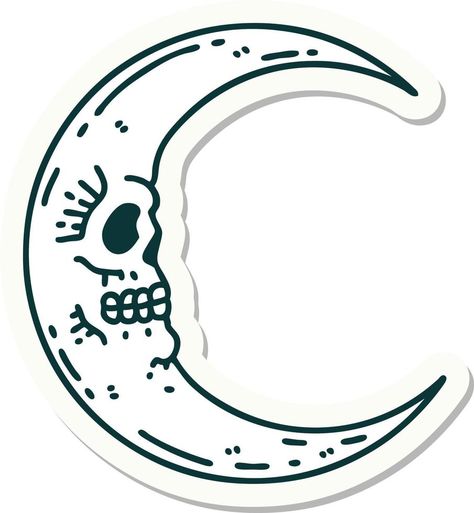 sticker of tattoo in traditional style of a skull moon Skull Moon Tattoo, Traditional Skull, Skull Moon, Skull Style, Moon Moon, Vector Sketch, A Skull, Tattoo Inspo, Moon Tattoo