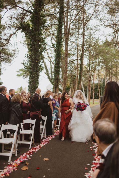 Mother of the bride pictured walking bride down the aisle in wedding ceremony surrounded by people that love the couple. Centered in the middle of a treeline drive surrounded by tall trees Mum Walking Daughter Down The Aisle, Mother Walking Bride Down Aisle, Mom Walking Daughter Down Aisle, Bride Aisle, Bride Down The Aisle, Forest Fall, Surrounded By People, Forest Falls, Future Planning