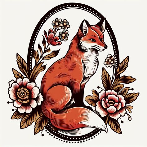 American Traditional Boston Terrier Tattoo, Fox And Mushroom Tattoo, American Traditional Fox Tattoo, Japanese Fox Tattoo, Paisley Lace Tattoo, Trad Fox Tattoo, Traditional Fox Tattoo, Traditional Animal Tattoo, Neo Traditional Fox Tattoo