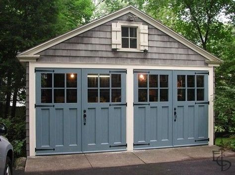 Love these colors! gray cedar shake shingles with cape cod blue barn doors Carriage House Garage, Carriage Doors, Garage Door Design, Shutters Exterior, Front Door Colors, Casa Exterior, Up House, Doors And Windows, House Doors