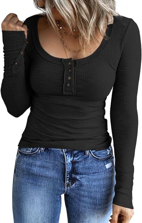 Kissfix Womens Cute Cottagecore Clothing Business Casual Tops Teen Girls Long Sleeve Shirts Work Outfits Button Down Basic Ribbed Casual Blouses B Apricot at Amazon Women’s Clothing store Henley Shirt Women, Top In Pizzo, Pola Lengan, Womens Henley, Casual Long Sleeve Shirts, Mini Robes, Henley Top, Womens Long Sleeve Shirts, Knitted Tshirt