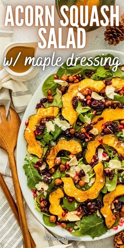 Roasted Acorn Squash Seeds, Salad With Maple Dressing, Acorn Squash Salad, Maple Dressing, Pomegranate Chicken, Roasted Acorn Squash, Autumn Salad Recipes, Roasted Hazelnuts, Squash Casserole Recipes