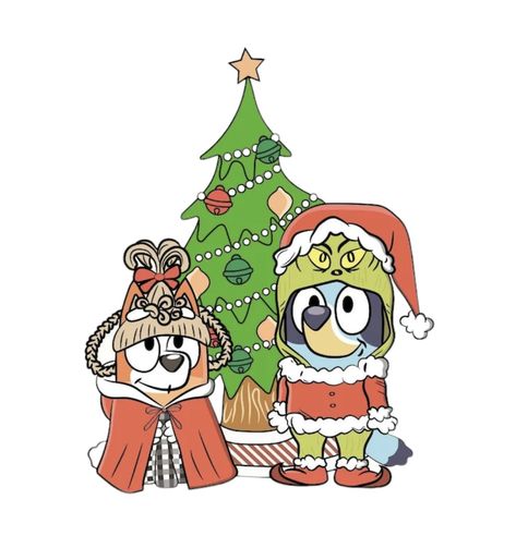 Cartoon Characters Christmas, Bluey Christmas Wallpapers, Christmas Bluey Wallpaper, Bluey Christmas Coloring Pages, Christmas Cartoon Art, Christmas Disney Characters, Christmas Cartoon Characters, Disney Characters Christmas, Bingo Funny