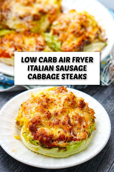 For all you veggie lovers out there you have to try these low carb air fryer cabbage steaks with tasty meat sauce and topped with melty cheese. It's like a veggie pizza or even lasagna using a big wedge of cabbage and perfectly cooked in the air fryer. For a healthy and tasty low carb dinner try these Italian flavored cabbage steaks with just 170 calories! Airfryer Cabbage Recipes, Pizza Cabbage Steaks, Cabbage Fritters Air Fryer, Cabbage Pizza Steaks, Cabbage Steaks With Chicken, Low Calorie Cabbage Recipes, Low Carb Bariatric Recipes, Cabbage Steak Recipes, Low Carb Air Fryer Recipes Dinner