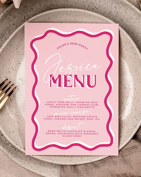 Birthday Dinner Invitation Pink, Pink Menu Cards, Hens Invite Design, Birthday Invite Pink, Menu Design Birthday, Menu Design Dinner Party, Pink Hen Party, Pink Menu Design, 21 Diner Menu