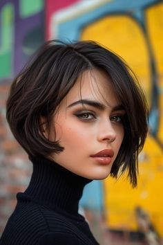 Short Wavy Bob Fine Hair, Edgy Asymmetrical Haircut, Short Bob Black Hair, Candy Photoshoot, Brunette Pixie, Chin Length Haircuts, Brown Bob, Short Bobs, Long Pixie Hairstyles