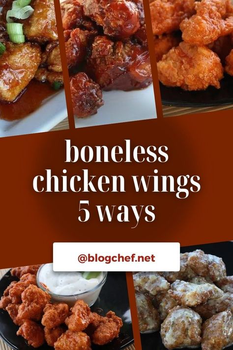 How to Make Boneless Chicken Wings 5 Ways Deep Fried Boneless Chicken Wings, Boneless Chicken Wings Recipe, Boneless Wing Recipes, Wings Buffalo, Different Sauces, Boneless Chicken Wings, Boneless Wings, Cheese Rice, Honey Barbecue