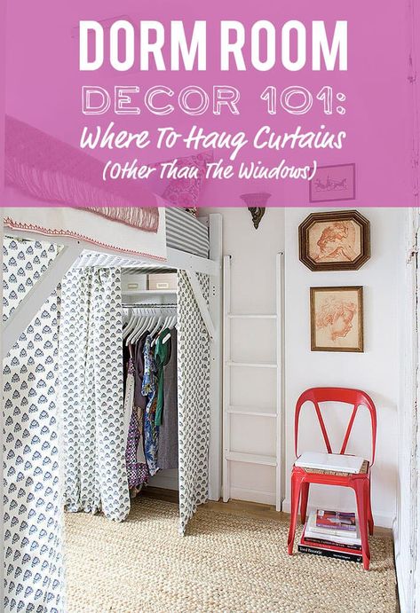 Dorm Decor 101: Where to Hang Curtains in the Dorm (Other Than The Windows) | The Blinds.com Blog Where To Hang Curtains, Dorm Curtains, How To Hang Curtains, College Packing List, Hang Curtains, Large Curtains, Custom Shutters, College Packing, Pocket Curtains