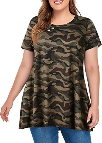 OVERWORETY Women's Plus Size Tunic Short Sleeve Loose Swing Tops Shirts Plus Size Tunics, Cold Shoulder Tops, Plus Size Tunic, Flattering Outfits, Loose Tees, Shoulder Tops, Cold Shoulder Top, Bell Sleeve, Big Size