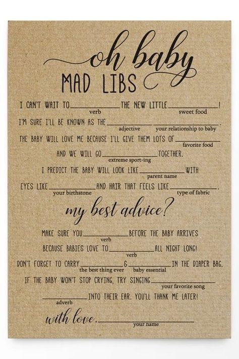 Is there a surer way to get the giggles going than a game of Mad Libs? This one is baby-themed, and you should probably have tissue handy for all the laugh-till-you-cry hilarity that will ensue. Unique Baby Shower Games, January Baby Shower, Best Baby Shower Games, Boho Baby Shower Decorations, Baby Shower Mad Libs, Cat Baby Shower, Animal Baby Shower Games, Baby Shower Games Unique, Baby Shower Party Games