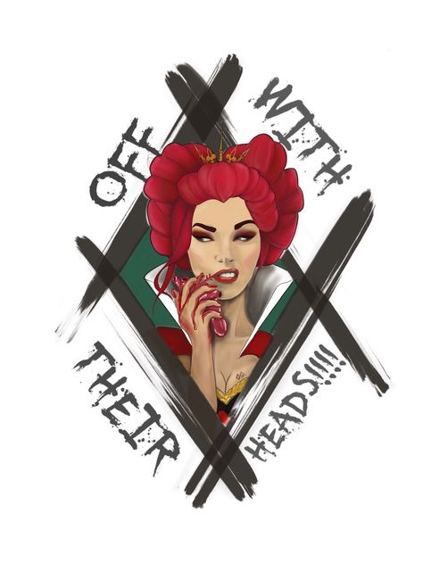 Queen of Hearts “Off with their heads!!!” By Gianna Quick Off With Their Heads Tattoo, Queen Of Hearts Fanart, Graduation Baddie, Alice In Wonderland Tattoo Sleeve, Queen Of Hearts Tattoo, Off With Their Heads, Painted Handbag, Crown Drawing, Graffiti Heart