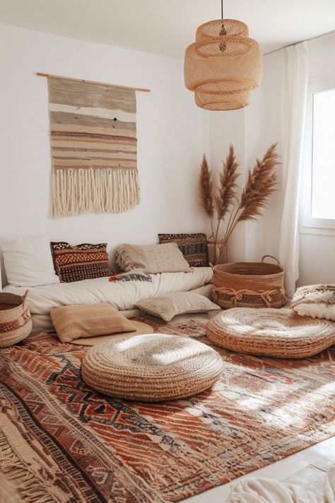 Minimalist Boho Living Room, Eclectic Boho Living Room, Boho Living Rooms, Floor Seating Living Room, Cozy Boho Living Room, Boho Style Living, Interior Decoration Ideas, 52 Reasons, Rental Home Decor