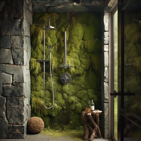 Shower Moss Wall Living Wall In Bathroom, Moss Shower Wall, Bathroom Garden Wall, Bathroom Living Wall, Wall Moss, Moss Wall Bathroom Mirror, Moss In Bathroom, Moss Wall Bathroom, Mossy Bathroom