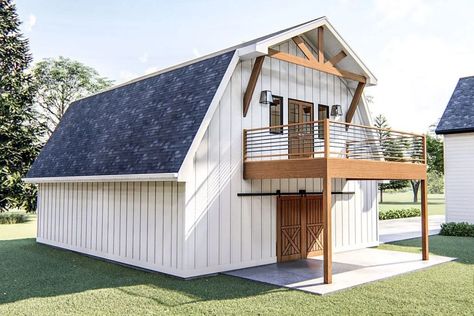 Rear and left side view of the apartment with the covered patio and deck. Modern Farmhouse Apartment, Barn Style Garage, Loft Floor Plan, Garage Apartment Floor Plans, Gambrel Barn, Farmhouse Apartment, Barn Plan, Barn Apartment, Barn Loft